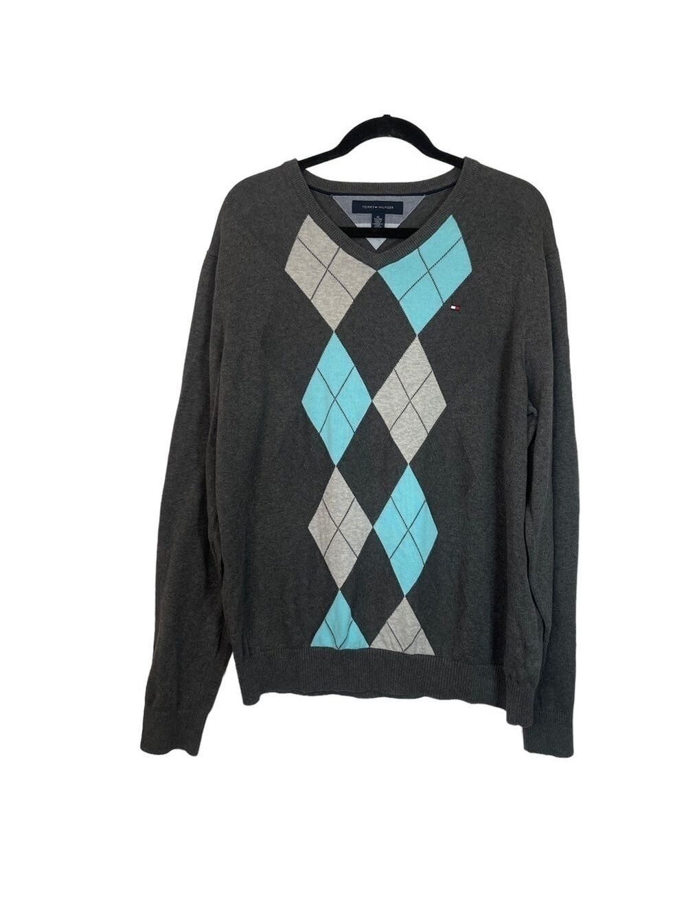 Tommy Hilfiger Grey Turquoise 100% Cotton Argyle Diamond Long Sleeve Swe…